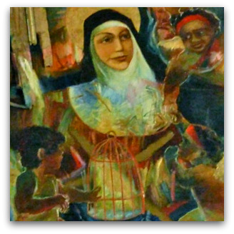 Mary MacKillop with Aboriginal children painting