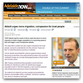 Abbott urges more migration, compassion for boat people (Adelaide Advertiser)