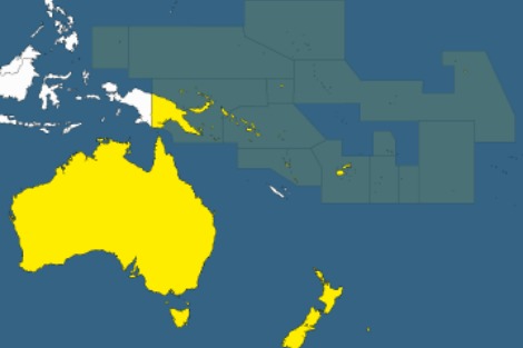 Map delineates Pacific Island region relative to Australia and New Zealand