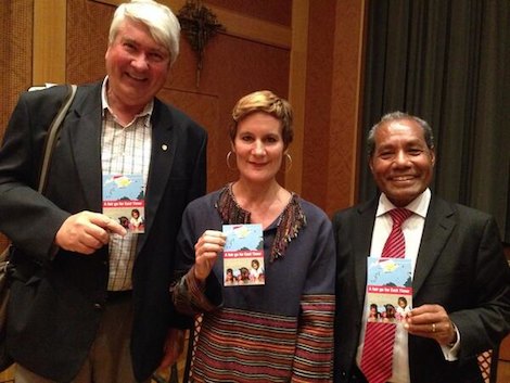 Fr Frank Brennan with Timor Leste’s erstwhile First Lady Kirsty Sword Gusmao and the Timorese ambassador Abel Guterres 