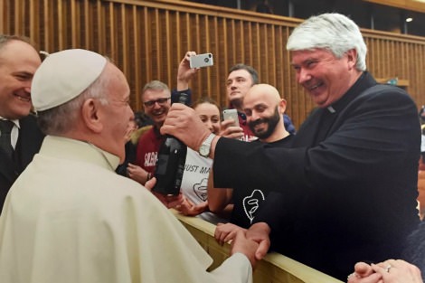 Frank Brennan presents Pope Francis with a bottle of Sevenhill wine