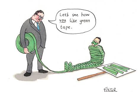 Advocate bound by green tape. Cartoon by Greg Foyster