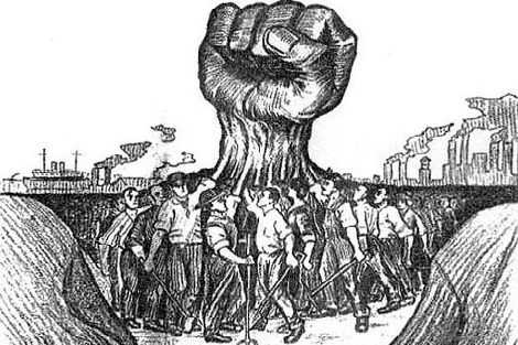 Workers hands unite into one large fist