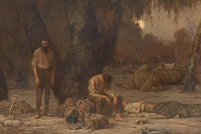 Arrival of Burke, Wills and King at the deserted camp at Cooper's Creek, Sunday evening, 21 April 1861. Painting by John Longstaff