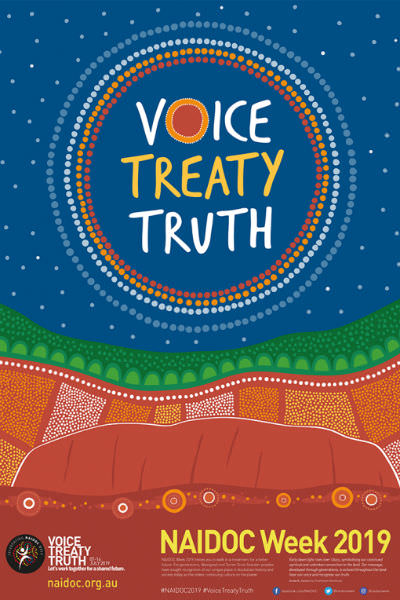 NAIDOC Week poster bearing theme words Voice Treaty Truth and an artistic representation of Uluru under a vast starry sky.