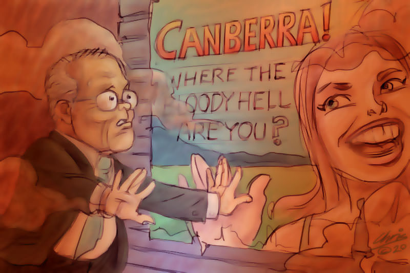 Chris Johnston cartoon shows Scott Morrison shrouded in smoke pollution in front of a sign that reads Canberra: Where the bloody hell are you?