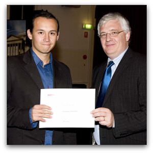 Jonathan Hill, second place in  the 2008 Margaret Dooley Award, receives his award from Brendan Kilty