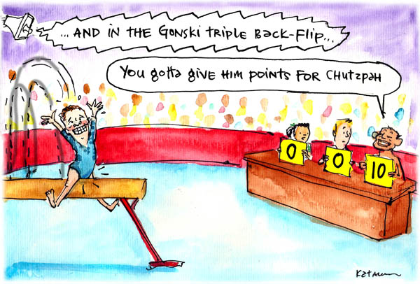 In Fiona Katauskas' cartoon 'A Pyneful performance', Christopher Pyne painfully botches a gymnastic backflip. Tony Abbott scores him a '10', declaring 'You gotta give him points for chutzpah'