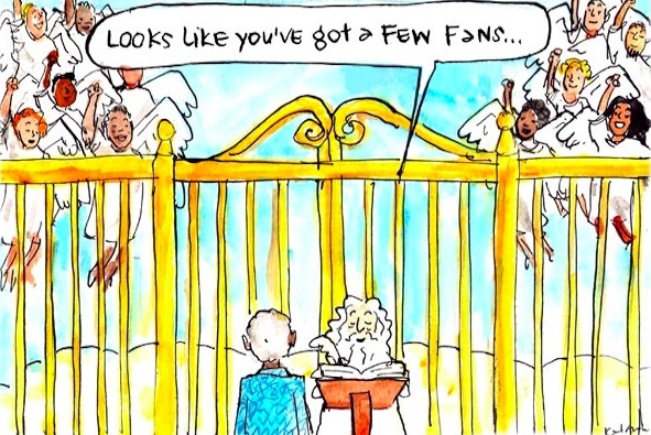 In Fiona Katauskas' cartoon 'Farewell, Mandela', Nelson Mandela being received at the gates of heaven