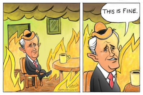 Malcolm Turnbull sits in a burning house and says 'This is fine.' Cartoon by Chris Johnston