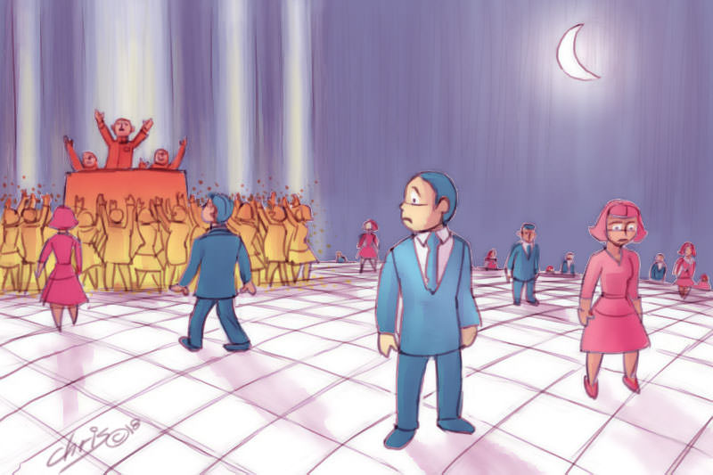 Cartoon of lonely people looking lost and flocking to demagogues. By Chris Johnston