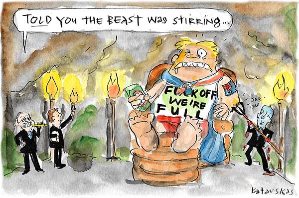 Peter Dutton prods a giant, grotesque caricature of an Australian bigot while Scott Morrison quips that 'I told you the beast wast stirring'. Cartoon by Fiona Katauskas