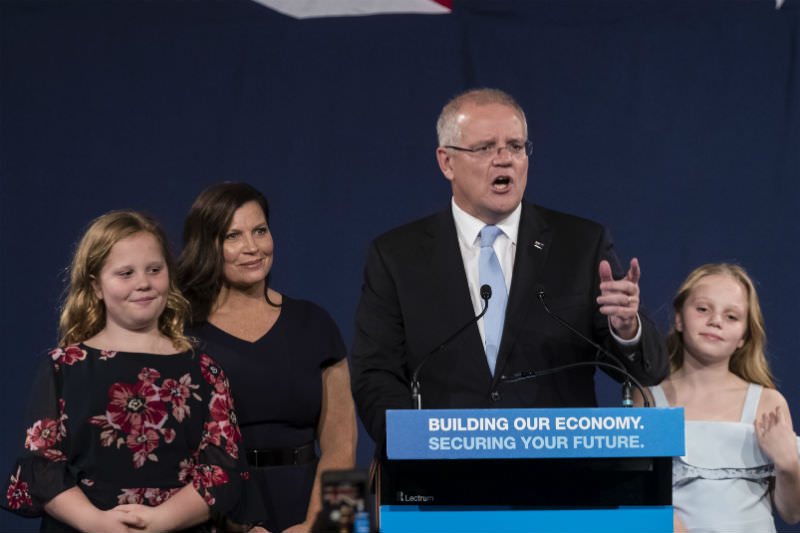 Newly elected Prime Minister of Australia Scott Morrison, joined by wife Jenny and daughters Lilly and Abbey, speaks at the Liberal Party reception at the Sofitel Wentworth Hotel on 18 May 2019 in Sydney. (Photo by Brook Mitchell/Getty Images)