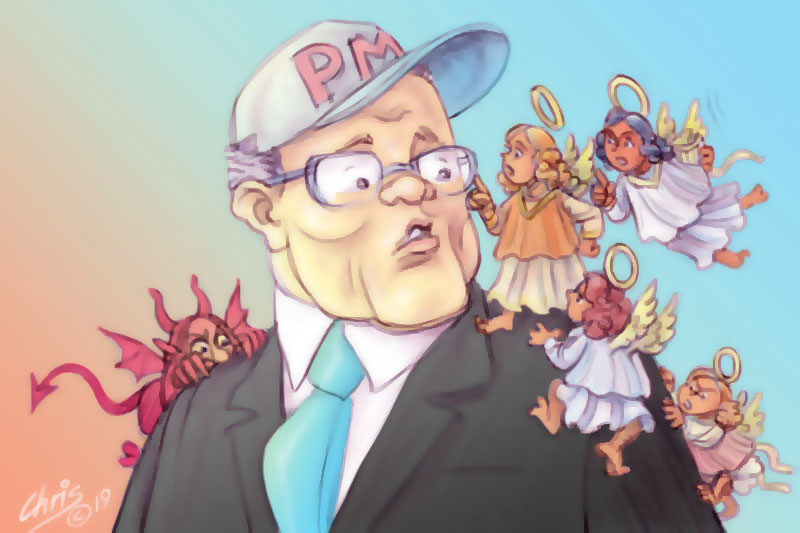 Chris Johnston cartoon shows Scott Morrison with various angels on his shoulder vying for attention.