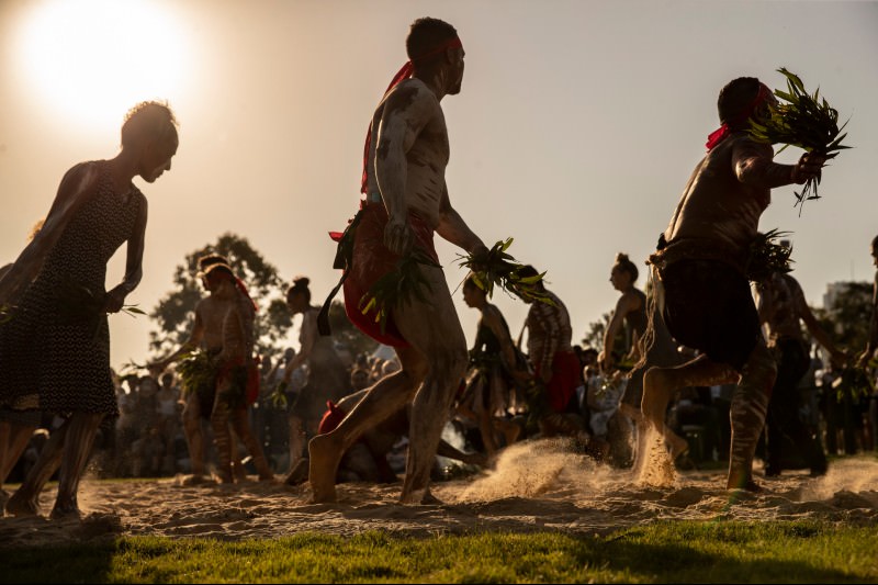 Koomurri dancers during the Arrival of Fire and Smoking Ceremony at Barangaroo on 26 January 2019 in Sydney. (Photo by Cole Bennetts/Getty Images)
