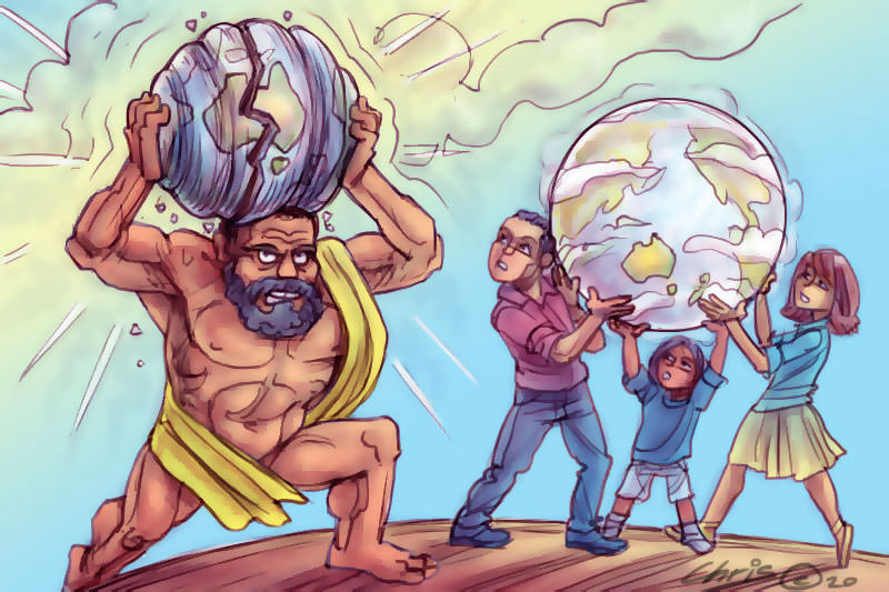 Atlas holding up world and breaking it, while several people hold up the world together. Illustration Chris Johnston
