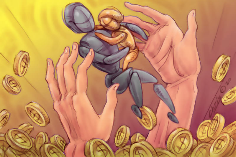 Hands reaching up from gold to two wooden figures.  Illustration Chris Johnston