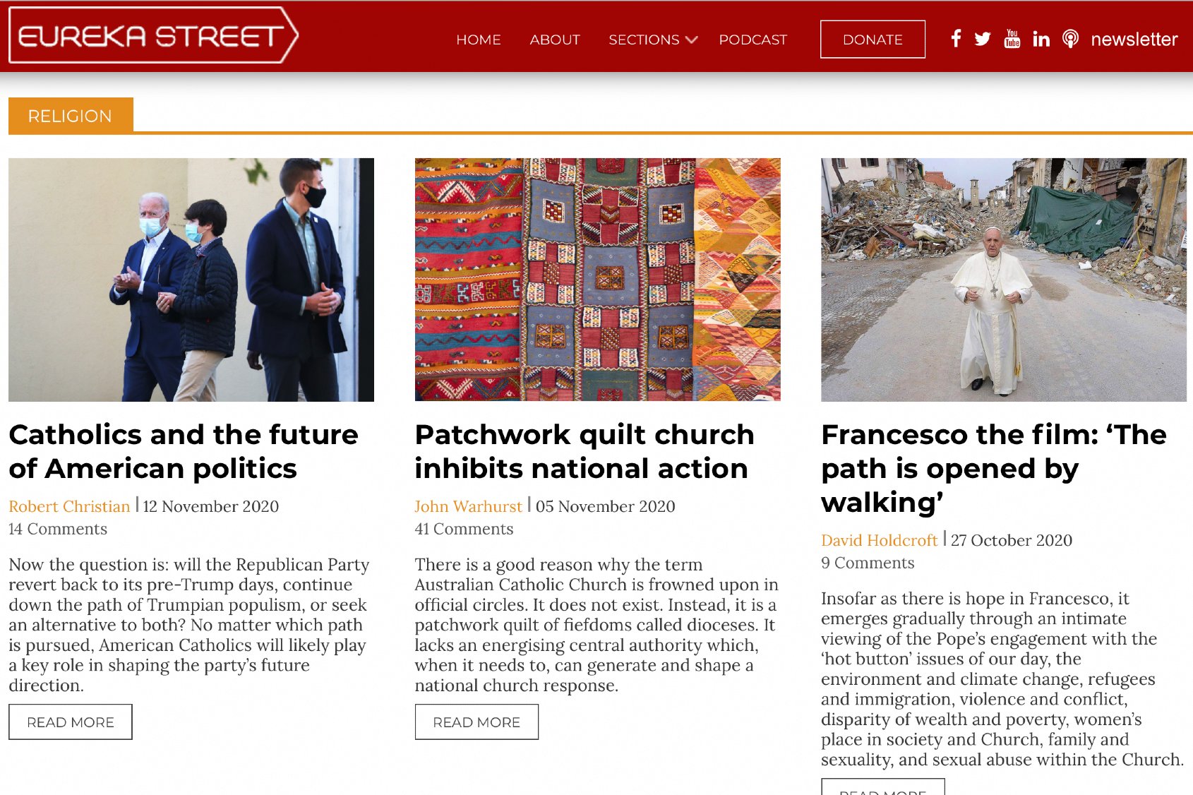Screenshot of Eureka Street homepage