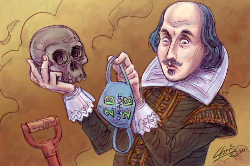 Illustration of Shakespeare holding a skull and a mask reading '2 B or not to B'
