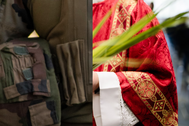 Close up of priest robe and military uniform
