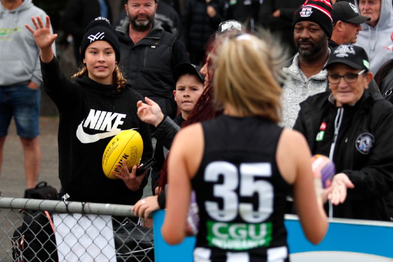 A young Collingwood fan looks on during the 2020 AFLW Round 05 match. (Dylan Burns/AFL Photos via Getty Images)