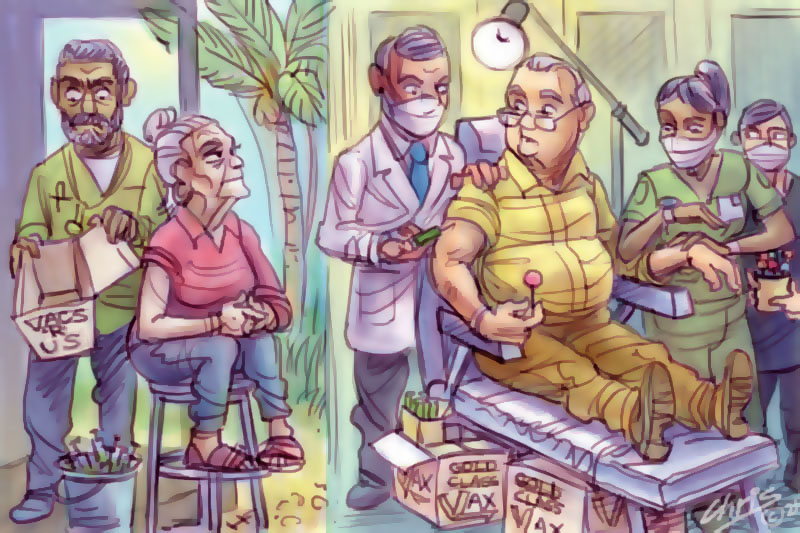 Main image: Two people receiving the vaccine (Illustration Chris Johnston)