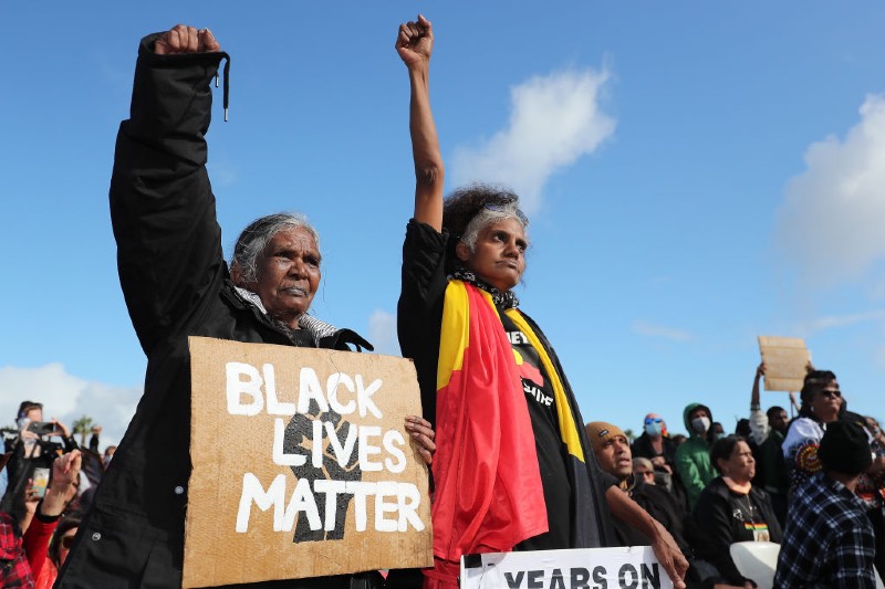 Protesters show their support during the Black Lives Matter Rally at Langley Park on June 13, 2020 in Perth (Paul Kane/Getty Images)