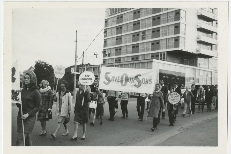 Main image: World Peace Day March near the Hotel Australia, King William Street, North Adelaide, 1969. People have signs, which read, "End Conscription", "Save our Sons", and "Bring our boys back". (Hal Pritchard/State Library of South Australia) 