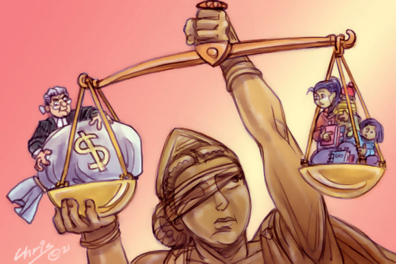 Lady Justice peaking behind her blindfold to see a barrister surrounded by money and other people crowded together on the other side. Illustration Chris Johnston