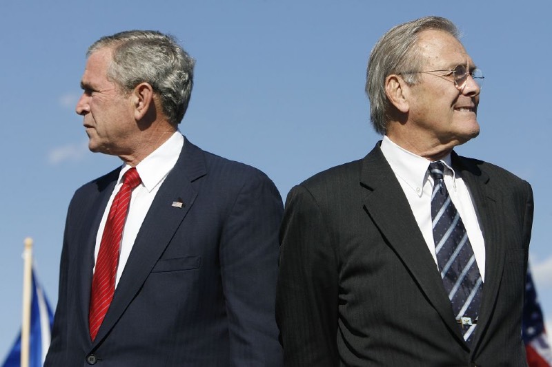 Main image: U.S. President George W. Bush (L) and Defense Secretary Donald Rumsfeld attend the dedication ceremony for the new U.S. Air Force Memorial (Chip Somodevilla/Getty Images)