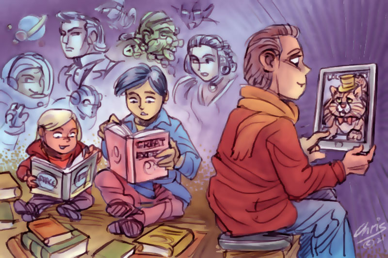 Main image: Children reading while parent uses iPad (Chris Johnston illustration)