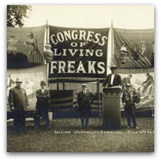 Congress of Living Freaks, carnival sideshow banner from old photo
