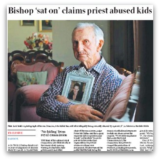 Article from The Australian with headline 'Bishop 'sat on' claims priest abused kids'. Photo of an elderly man clutching a photo frame