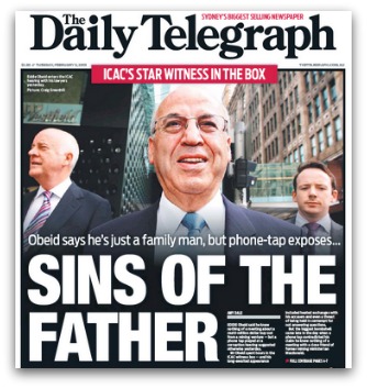 Daily Telegraph front page featuring Obeid