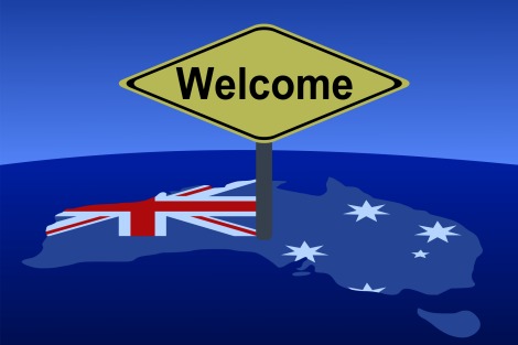 Map of Australia with a 'Welcome' sign
