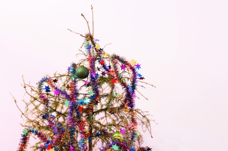 Dead Christmas tree with decorations