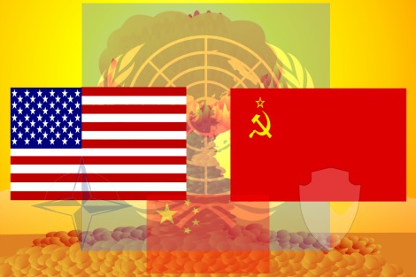 Montage of US and Russian flag with UN logo and mushroom cloud