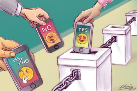 People voting using iPhones. Cartoon by Chris Johnston