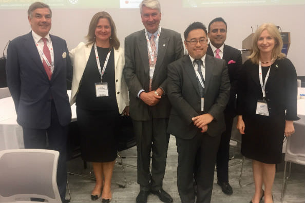 Frank Brennan (centre) with co-panellists were Guy Harles (Belgium), Kate McGilvray (Canada), Takashi Toichi (Japan), Ashish Razdin (India) and Myra Garrett (Ireland)