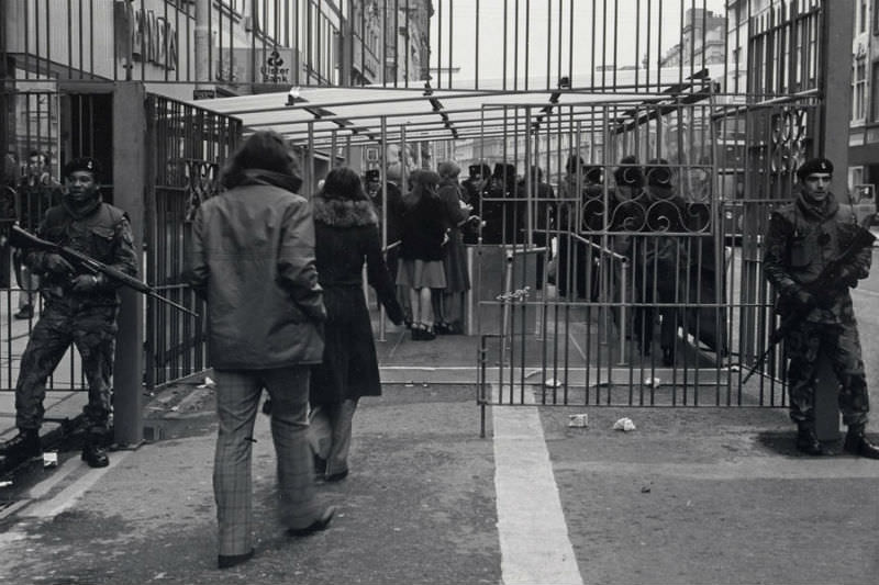 British soldiers man a checkpoint, Belfast, 1973.