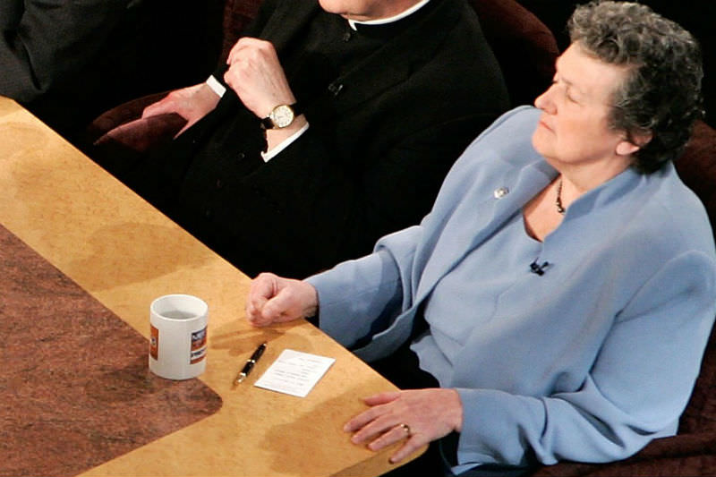 Joan Chittister during a pre-tape of a 2006 episode of Meet the Press discussing topics related to religion, faith in politics in the US. (Photo by Alex Wong/Getty Images for Meet the Press)