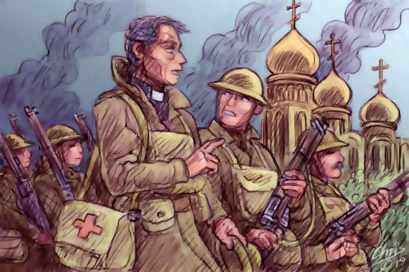 Artist's impression of Fr Bernard Page in early 20th century Russia surrounded by British soldiers. By Chris Johnston