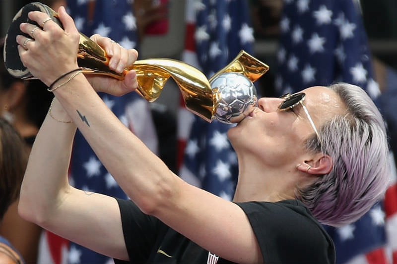 Megan Rapinoe celebrates the United States Women's National Soccer Team's gold medal victory in the 2019 Women's World Cup in France during a ceremony in New York City on 10 July 2019. (Photo by Bruce Bennett/Getty Images)