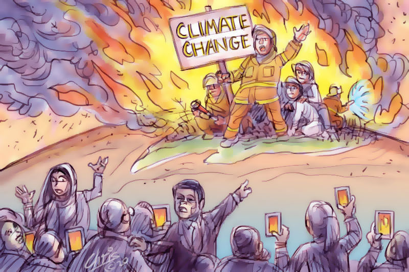 Firefighter stands on the edge of a burning Australia, displaying a sign reading 'climate change' to the rest of the world. Artwork by Chris Johnston
