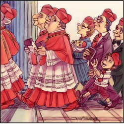 Woman with a baby and two lay men, one with a child, and all five wearing cardinal hats, follow three regular Cardinals into the Conclave. 'Cardinals' by Chris Johnston