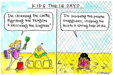 Contrasts a free child playing on the beach with a detained child sitting forlornly behind a fence. Cartoon by Fiona Katauskas